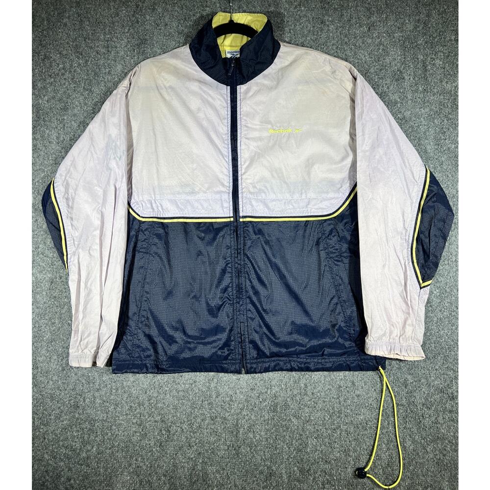 Vintage 90s Reebok Windbreaker Jacket Large Colorblock Track Jacket Navy